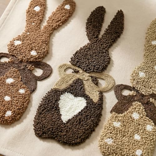 Easter Bunny Table Runner 13x72 Inch - Seasonal Spring Kitchen Decor, Brown Embroidery