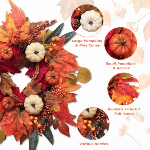 Fall Door Wreath 21 Inch Autumn Decorations with Maple Leaves Pumpkin Berries