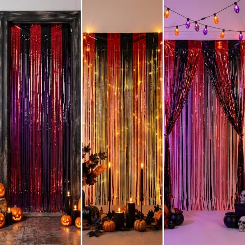 Black and Red Metallic Fringe Curtains 3 Pack - Halloween Party Backdrop
