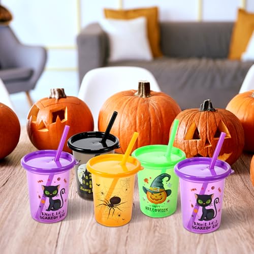 Vivid Halloween Kids Plastic Cups 24 Pack with Lids & Straws - 10 Oz Reusable Toddler Tumblers