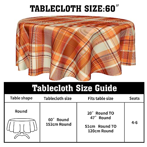 Kawani Fall Orange Round Tablecloth 60-Inch Autumn Thanksgiving Checkered Decor
