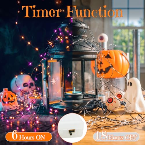 Halloween Fairy Lights with Timer - Battery-operated Mini LED String Lights, Orange & Purple, 6.65Ft, 1 Pack