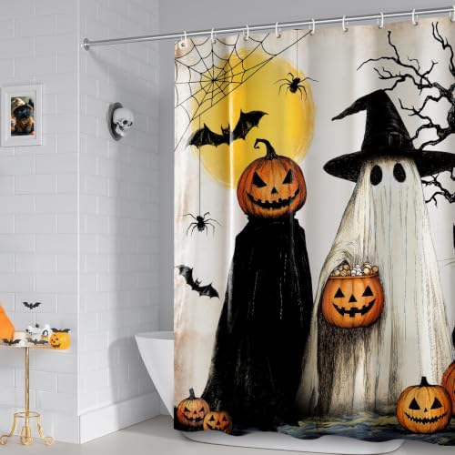 Halloween Fall Shower Curtain Set with Hooks - Rustic Witches Ghosts Pumpkins Black Cat Fabric Bathroom Decor 72x72