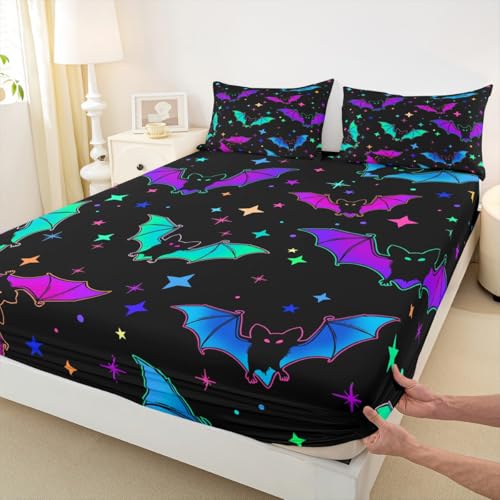 Halloween Bat Bedding Set Full Size Multi 10 - Kids Galaxy Bed Sheets with Glitter Stars