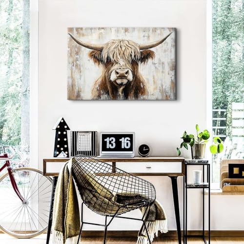 Longhorn Cow Wall Art Canvas - Rustic Highland Cow Decor 36x24 Variation of THIS listing Cow01