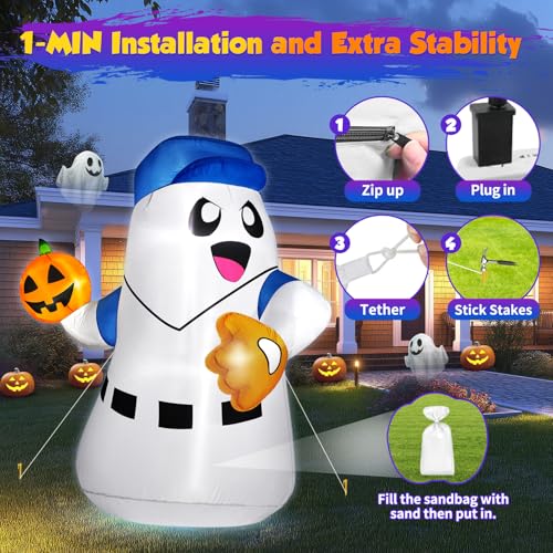 5FT Halloween Inflatable Ghost Pitcher with Pumpkin Baseball Outdoor Decor LED Lights