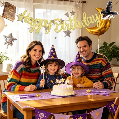 Gold Glitter Wizard Happy Birthday Banner 3-Pack - Fantasy Magic Party Decorations
