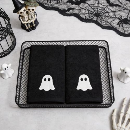 Halloween Hand Towels Set of 2 - Embroidered Ghost Bathroom Decor - Black Ghost Variation