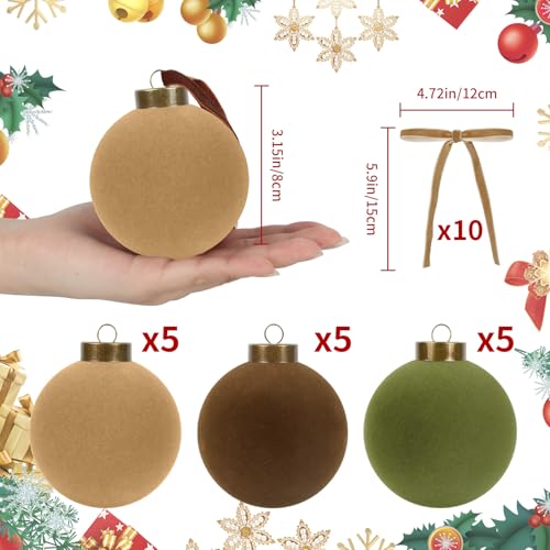 Velvet Christmas Ornaments Set with Bows - Green, Brown & Beige - 25 pcs