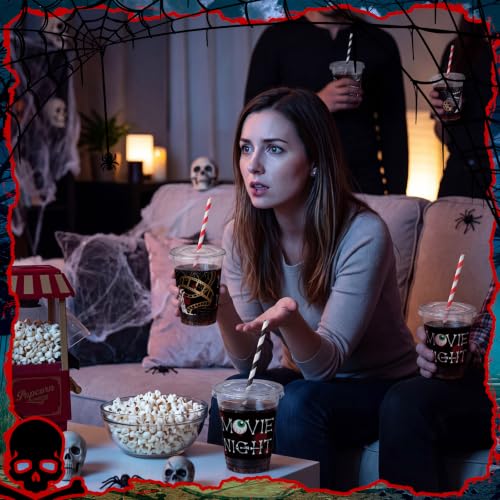 Horror Movie Night Plastic Cups with Lids & Straws - Black & Red Variation
