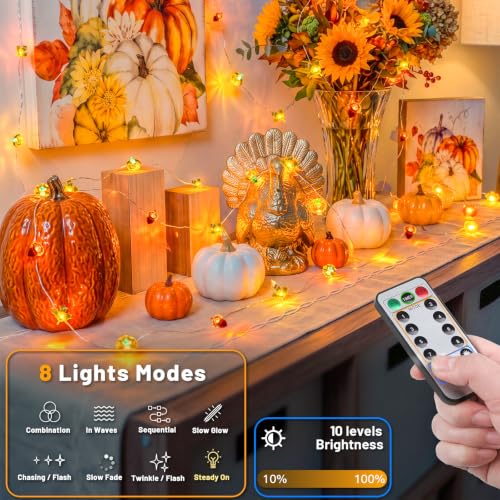 Orange Pumpkin with Maple & Acorn Halloween Lights - 40 LED Battery-Operated with Timer & Remote