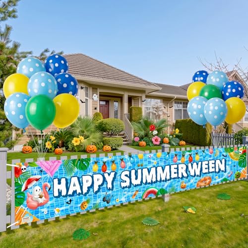 Summerween Pool Party Banner with Balloons - Outdoor Indoor Halloween & Summer Decor