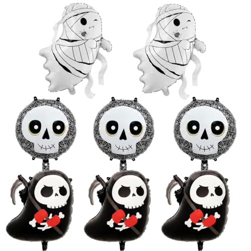 Halloween Foil Balloons Set - Mummy, Skull, Grim Reaper Decorations for Party