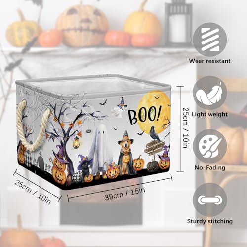 Halloween Boo Basket Pumpkin Ghost Spooky Storage Bin Grey 15x10x10 Inch - Foldable Halloween Decor & Gift Organizer