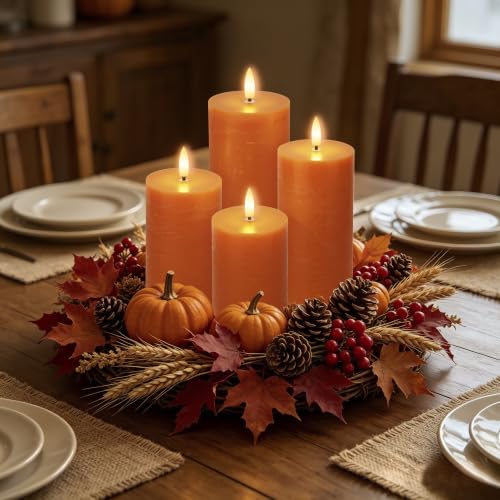 Orange Flameless Pillar Candles with Remote Control - Fall Decor for Home, Halloween & Thanksgiving