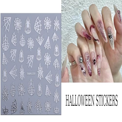 Halloween Spider Web Nail Stickers - 6 Sheets Self-Adhesive 3D Nail Decals for Manicure