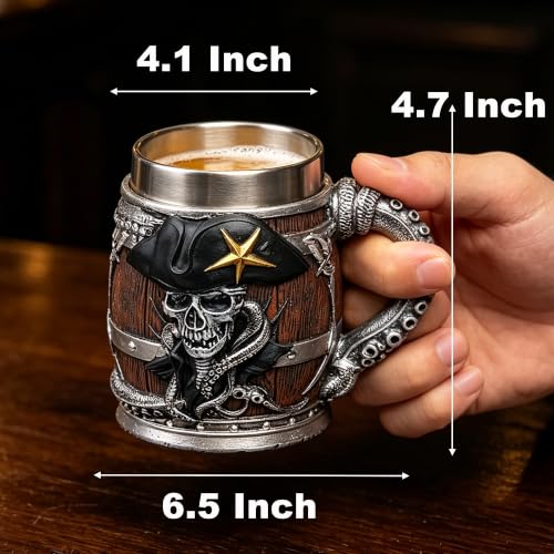 Wooden Barrel Skull Beer Mug 15.8 oz Stainless Steel Liner - Beer Gift