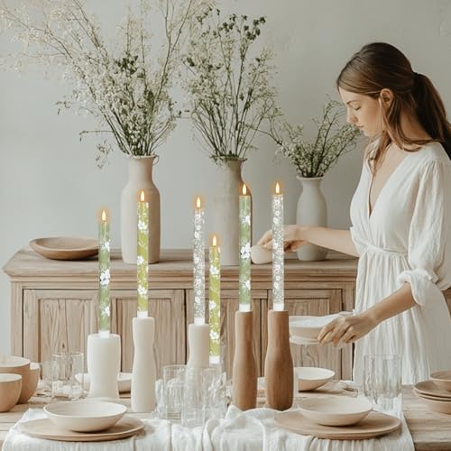 Green Flameless Taper Candles with Remote Timer 10 Inch - 6 Pack with Variation 10.5FT Floral Green