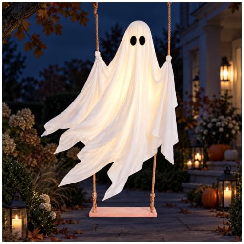 5FT Outdoor Hanging Ghost Swing Decor with Lights and Remote Timer