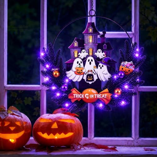 Pre-Lit Halloween Ghost Wreath with Timer for Front Door - Battery Operated, Autumn Decor