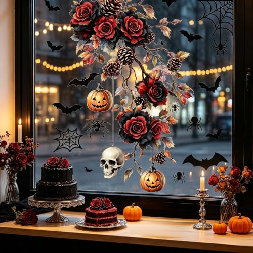 Halloween Red Rose Window Clings - Pumpkin Skull Stickers for Windows - Variation: Halloween Flower5