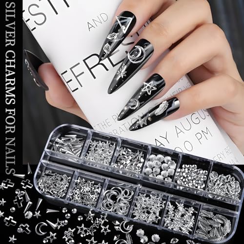 Teenitor Silver Nail Charms & Gems Kit - 4 Boxes Nail Art Accessories