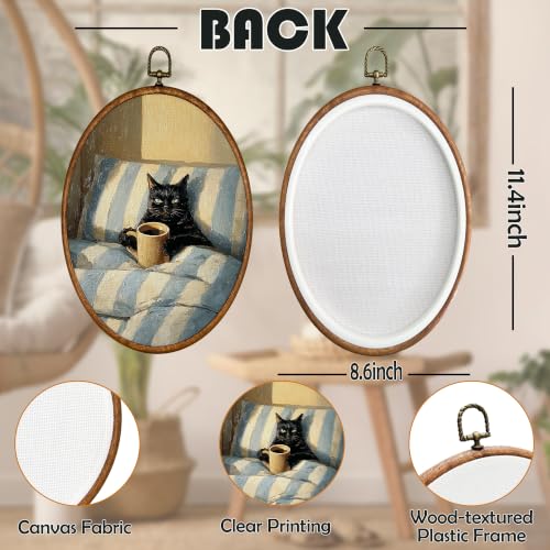 Vintage Black Cat Drinking Coffee Oval Wall Art - 8.6x11.4 Inches - Black Cat Variation