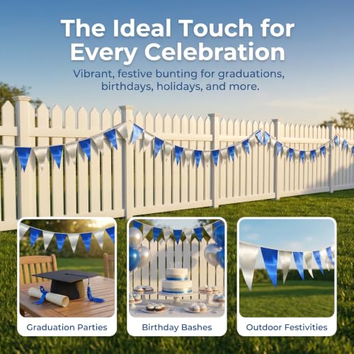 Navy Blue Silver Triangle Pennant Banner - 130FT Nautical Party Decorations Set - Reusable Fabric Bunting for Weddings, Birthdays, Celebrations