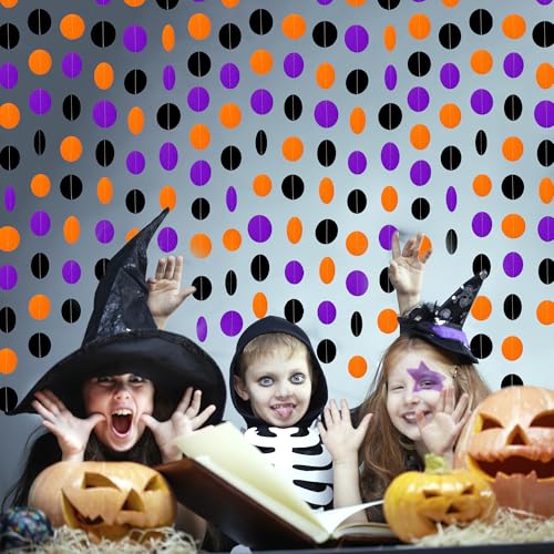 26Ft Halloween Party Decorations Garland Streamers - Black, Orange, Purple Circular Dots