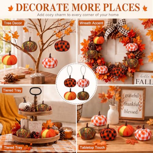 Fall Fabric Pumpkin Ornaments - Set of 12 Thanksgiving Hanging Decorations