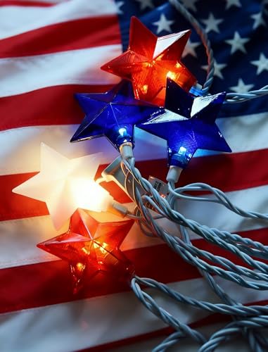 Patriotic Star String Lights - 20 LED Red White Blue Holiday Decor - Variation of Star Lights