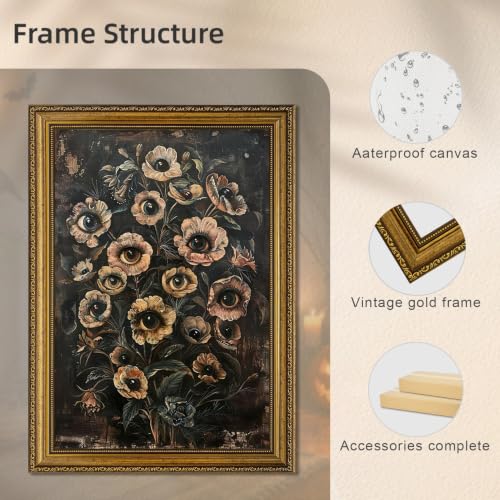 Gothic Botanical Canvas Wall Art Decor - Dark Surreal Eye Flower Framed Print 12x16in - Moody Witchy Home Decoration Variation of THIS listing