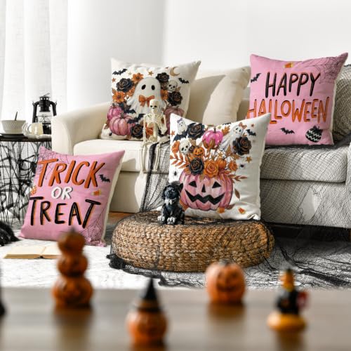 Halloween Throw Pillow Covers 18x18 Inch Set of 4 Ghost Pumpkin Bat Decor