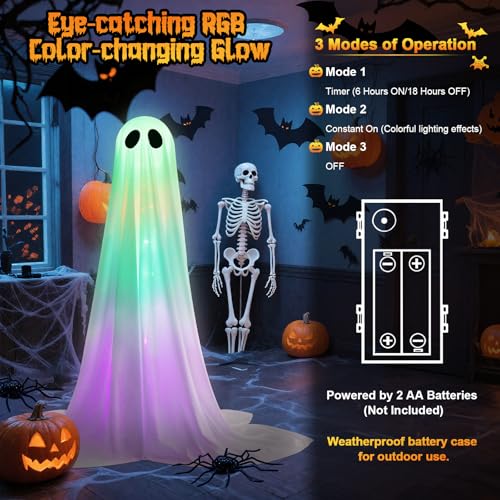 Outdoor Halloween Ghost Decorations Set - 36" & 18" Spooky Light-Up Ghosts with RGB Lighting & Timer