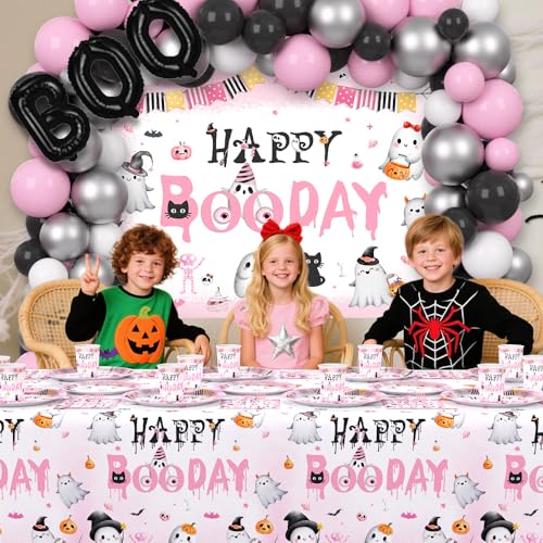 Halloween Birthday Party Supplies Set with Plates Balloons Banner and Tablecloth - Pink Boo Day Theme