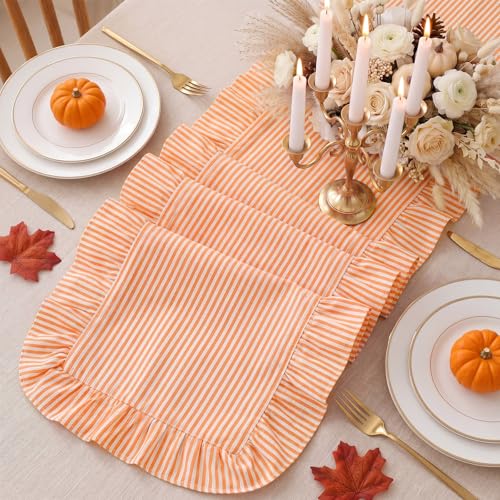 Ruffled Table Runner - Vertical Stripe Orange Cotton Farmhouse Decor
