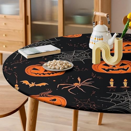 Halloween Pumpkin Spider Fitted Round Tablecloth 40-44 Inch Waterproof & Wipeable
