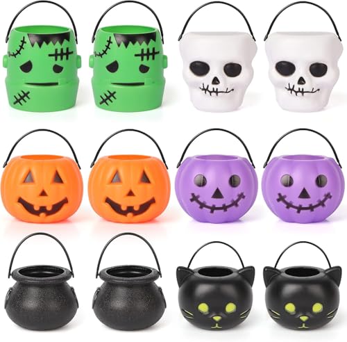 Mini Halloween Candy Buckets Set - 12PCS Cauldron Pumpkin Skull Black Cat