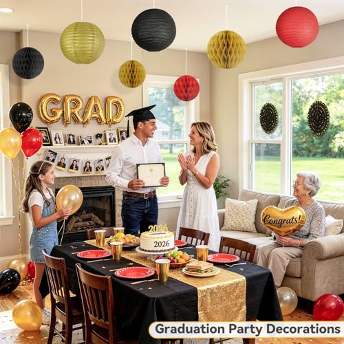 14-Piece Red Black and Gold Party Decorations Kit for Casino Night & Hollywood Events