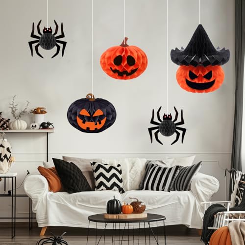 5 Pack Halloween Hanging Decorations - 3D Paper Spider & Pumpkin Set with Stickers
