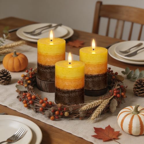 AFINETH Orange Flameless Pillar Candles Set of 3 with Remote - Fall Home Decor
