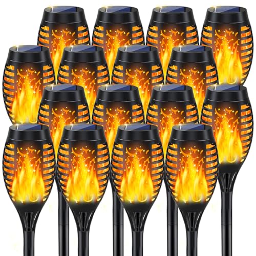 Orange 16-Pack Solar Flickering Flame Torch Lights for Outdoor Halloween Decor