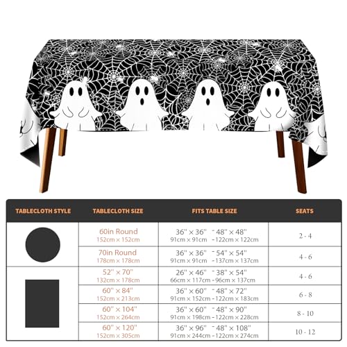 Halloween Spooky Ghost and Spider Web Tablecloth 60x84 Inch Black - Washable & Reusable