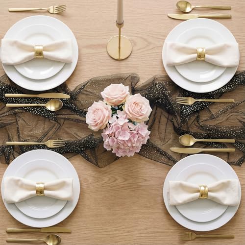 Halloween Fall Table Runner 10 ft Black Metallic Sheer Glitter Mesh - Set of 3