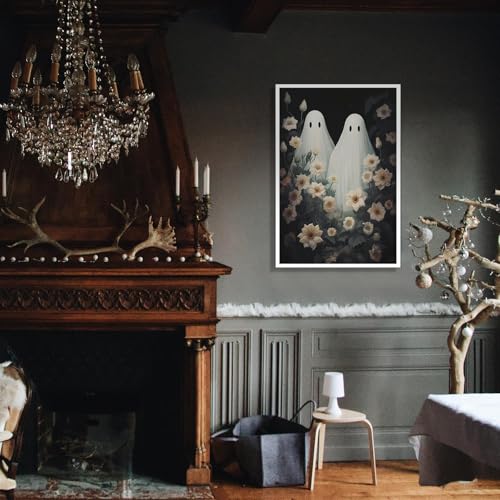 16x12 Ghost Wildflowers Halloween Wall Art Canvas Unframed - Dark Academia Decor