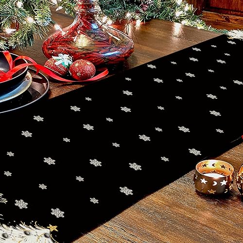 Christmas Table Runner 13x60 Inch Gold Tree Snowflake Holiday Decor - Black