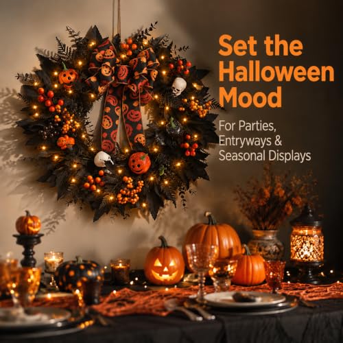 Halloween Wreath for Front Door with Pumpkin Bow - Black Skeleton Spider Web Decor