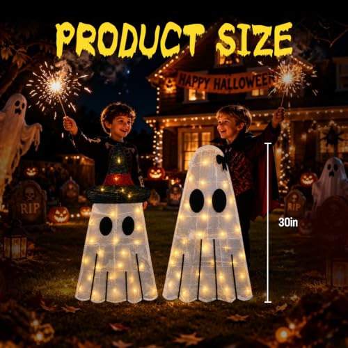 Halloween Ghost Decor Light-up Outdoor Ghost with Black Hat - 2 Pack