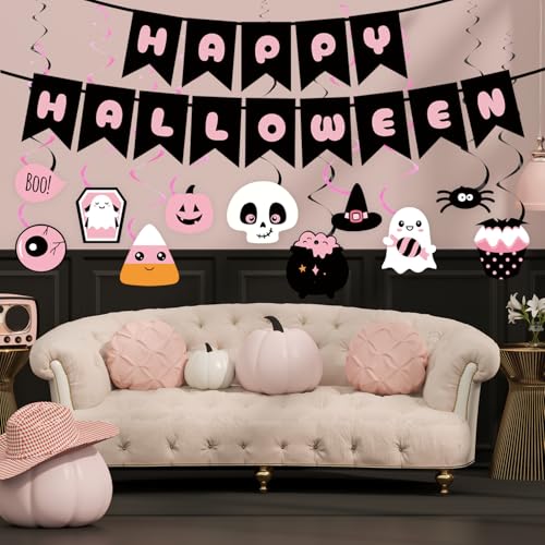 Pink Halloween Party Decorations 49Pcs Spooky Bats Ghost Pumpkins Banners & Swirls