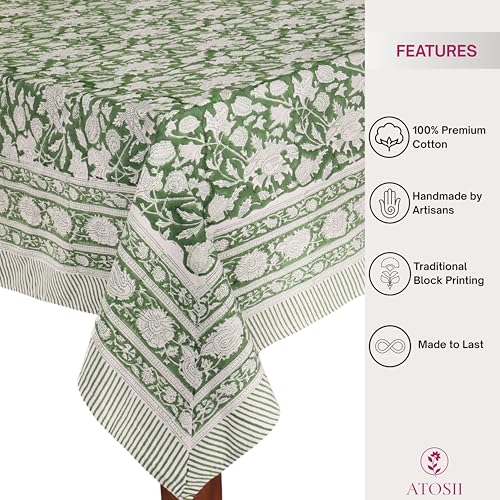 Cotton Blockprint Rectangle Tablecloth - Meraki Green 108x60 Inches - Handmade, Fair Trade